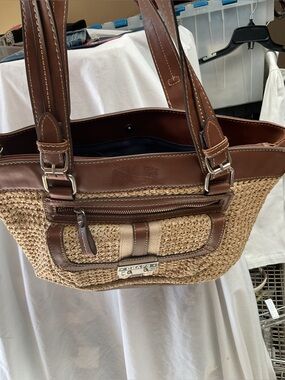 Vintage  Chaps Straw Tote with Brown Leather Trim